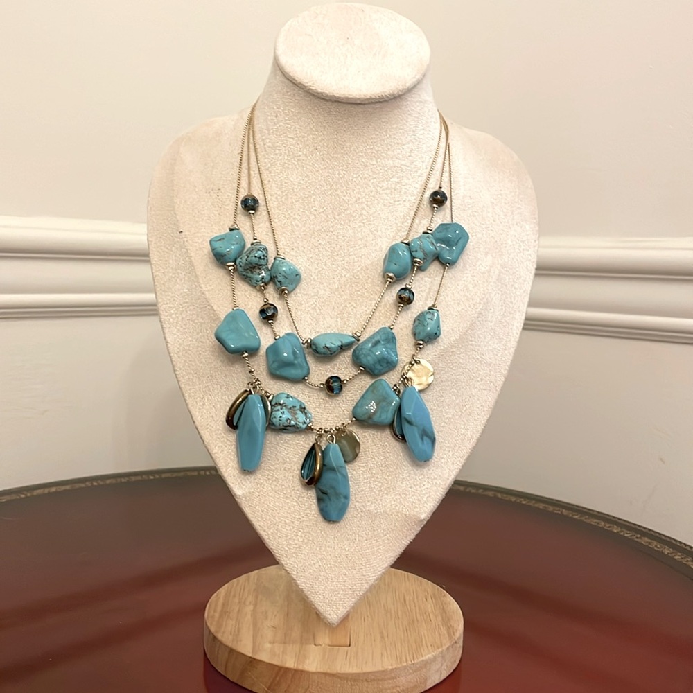 EUC 3-pc Chico’s imitation turquoise set, 3-strand necklace, bracelet & earrings